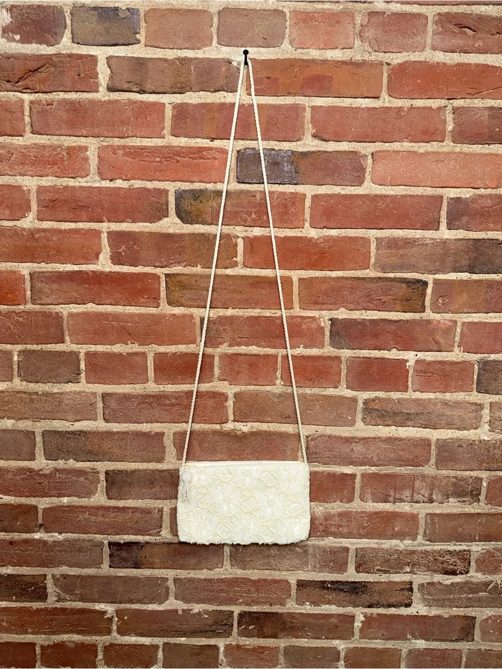 Ivory Floral Appliqué Crossbody Bag with Rope Strap Beaded